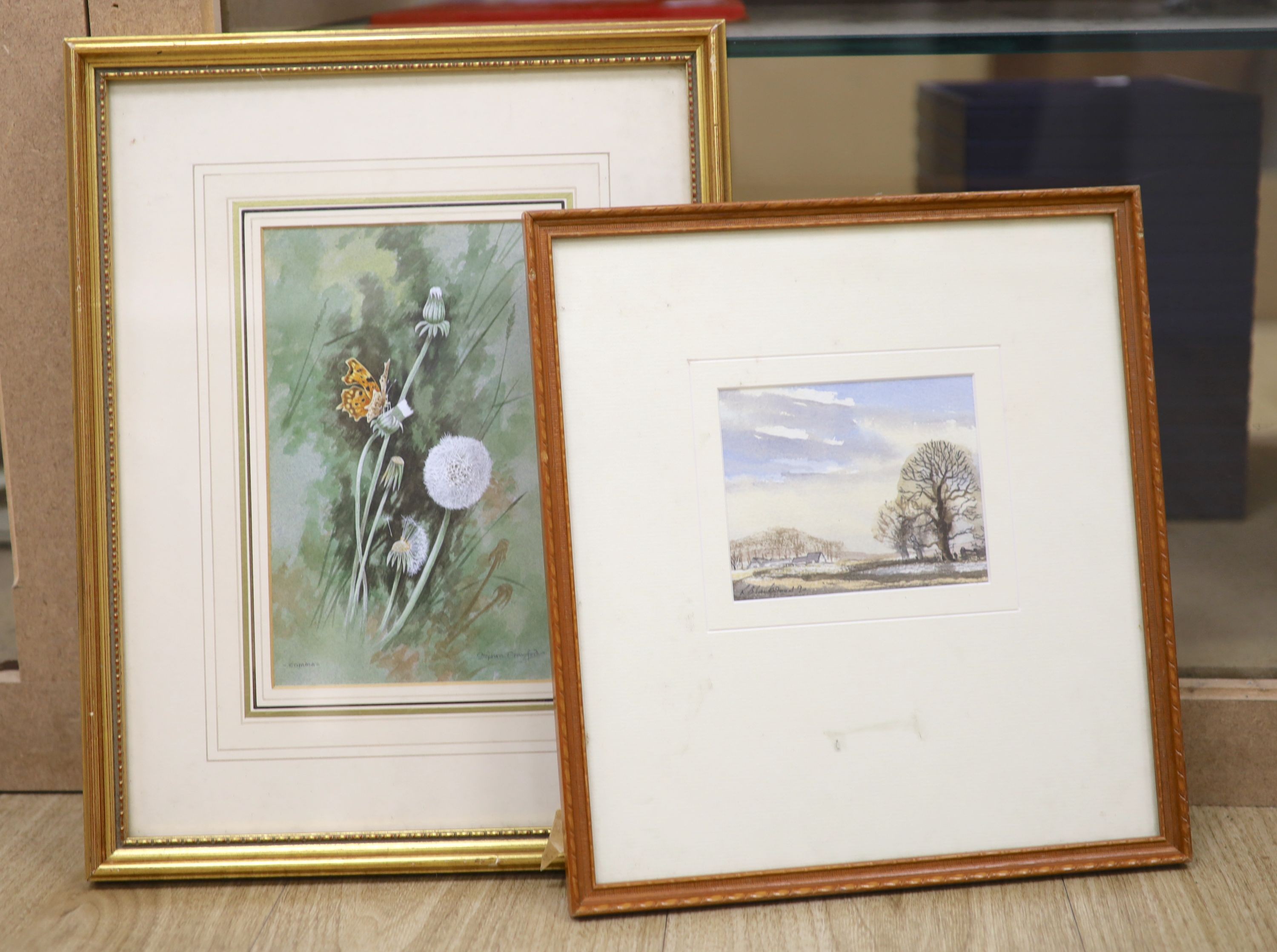 Stephen Gayford (1954-), watercolour, 'Comma' butterfly, signed, 21 x 13cm and a small watercolour landscape by K. Blackwood
